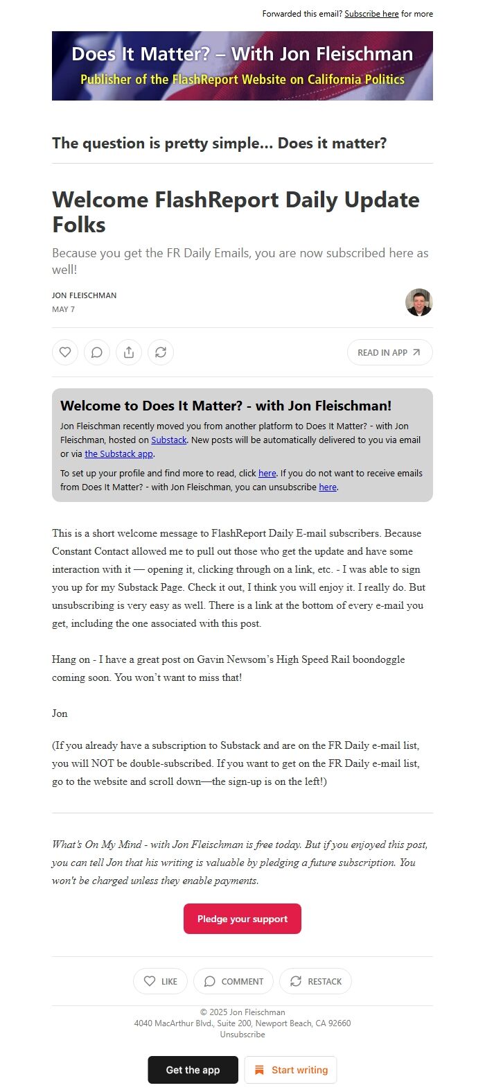 Screenshot of the email generated on import