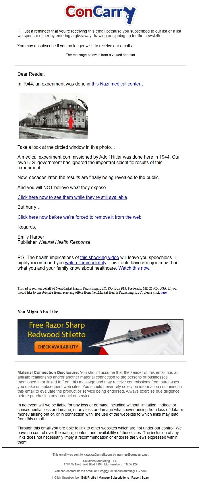 Screenshot of the email generated on import