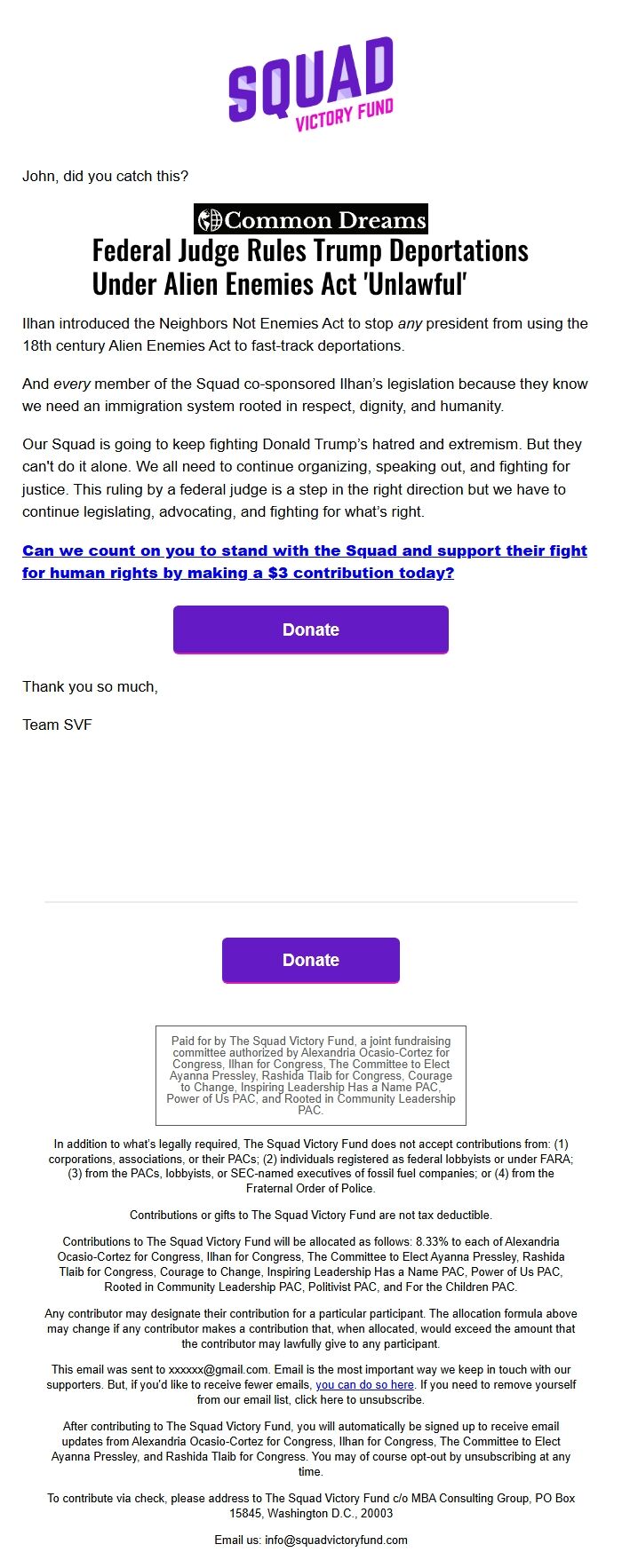 Screenshot of the email generated on import