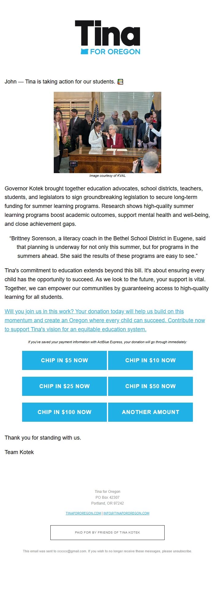 Screenshot of the email generated on import