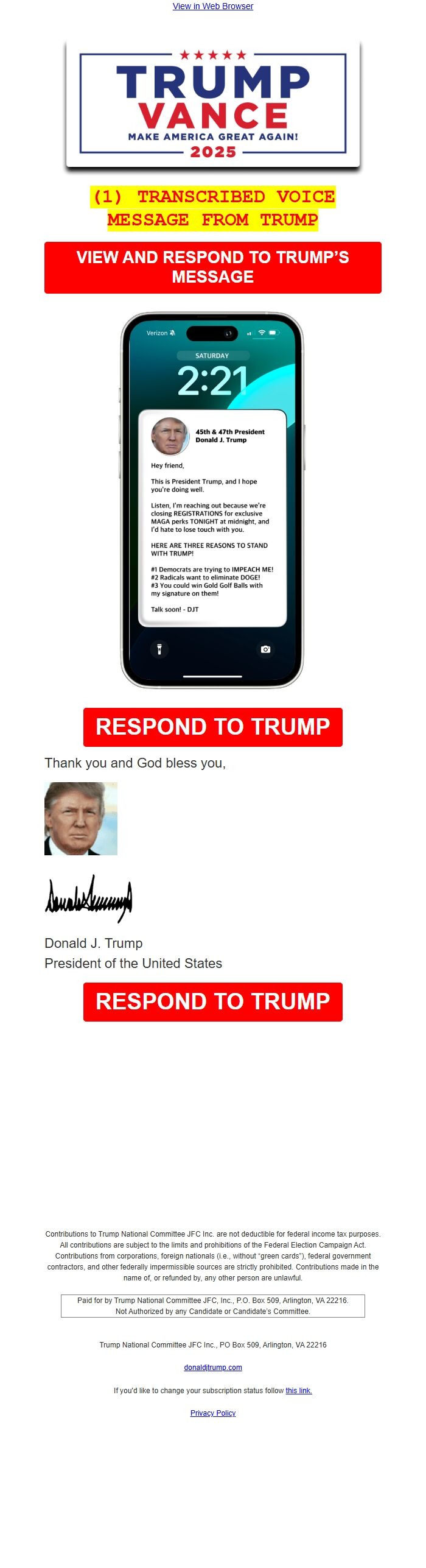 Screenshot of the email generated on import
