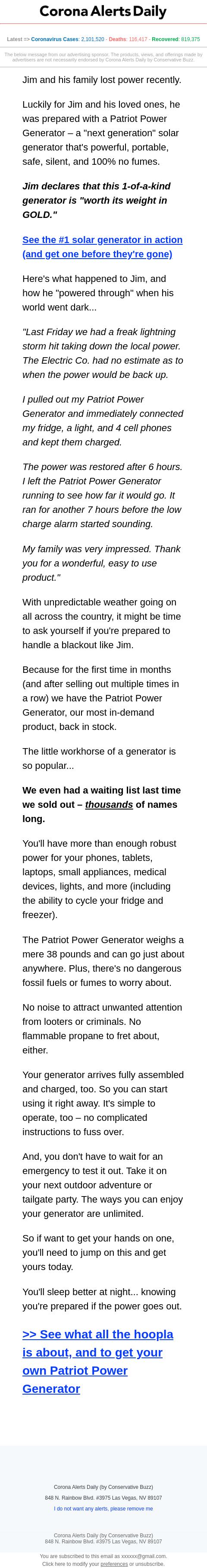 Screenshot of the email generated on import