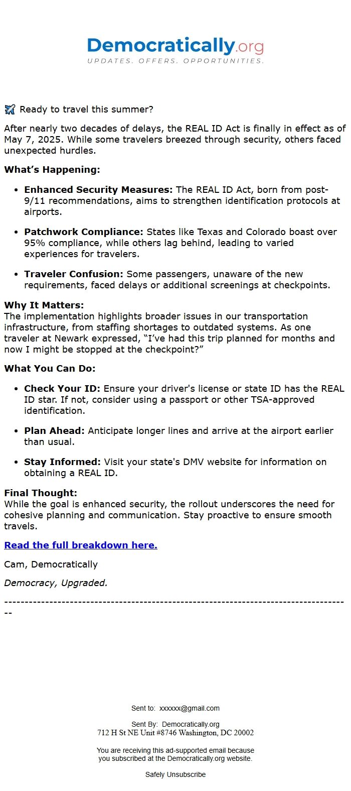 Screenshot of the email generated on import