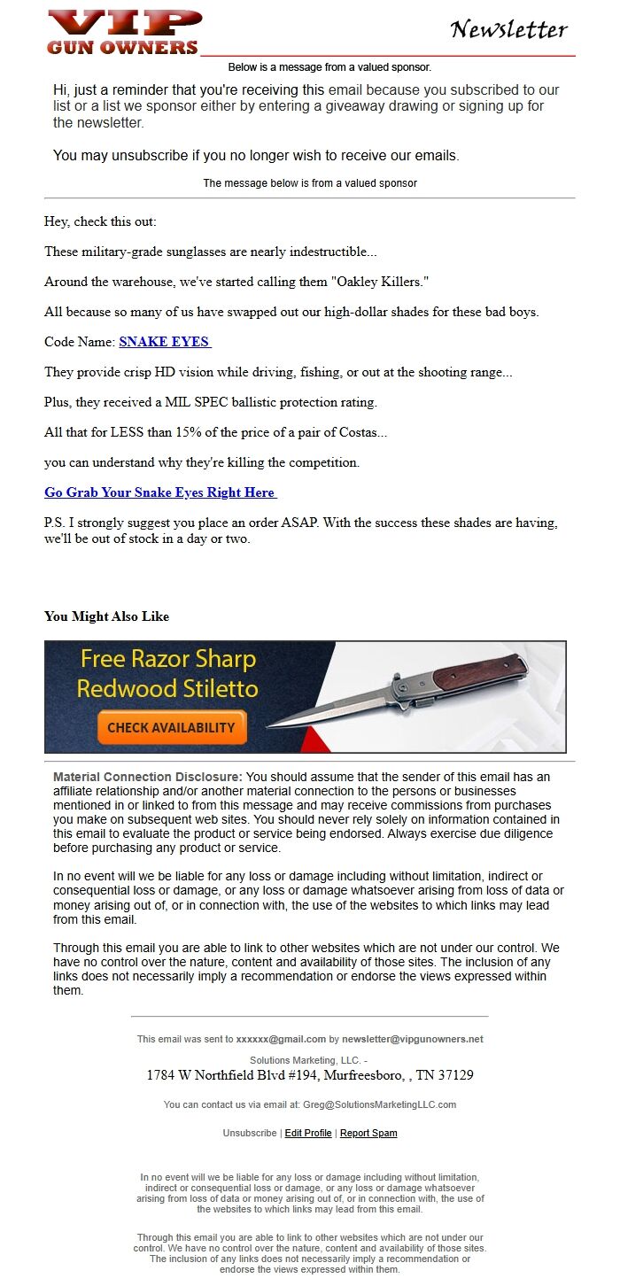 Screenshot of the email generated on import