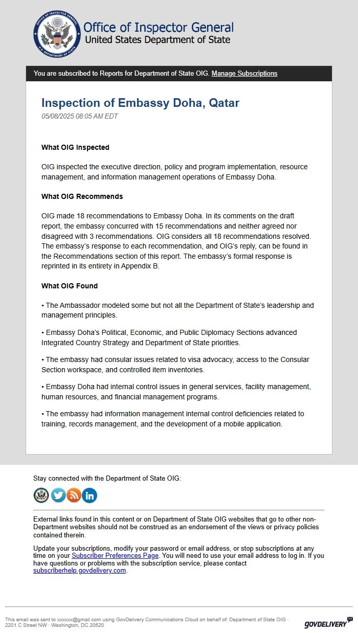 Screenshot of the email generated on import