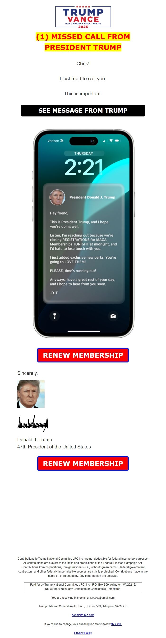 Screenshot of the email generated on import