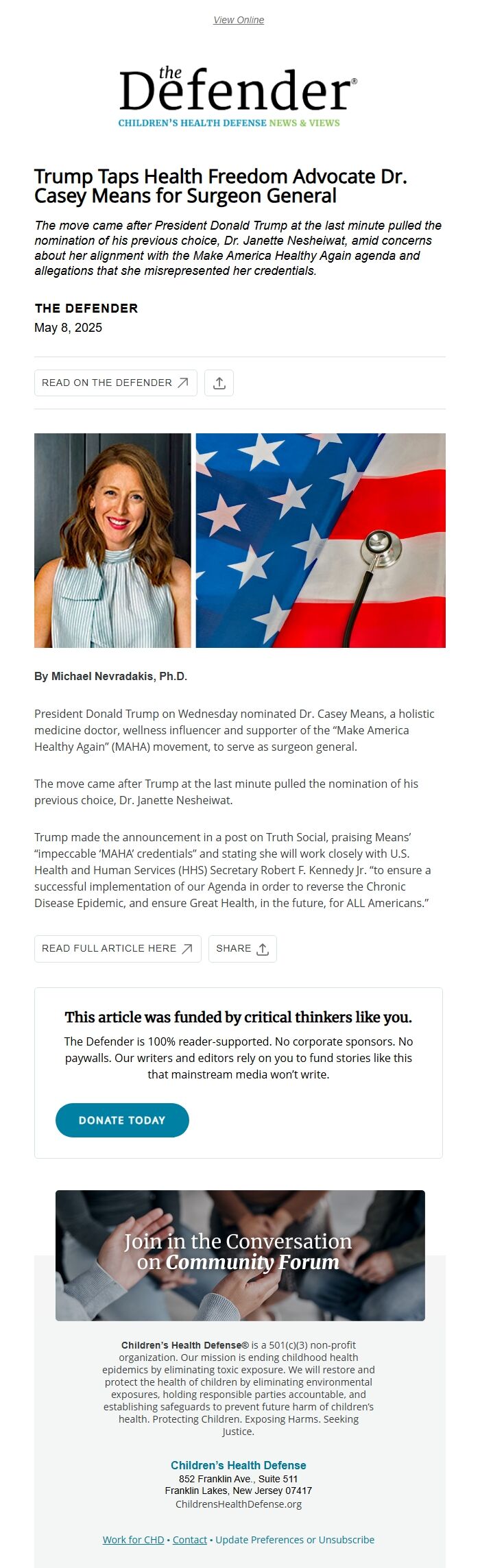 Screenshot of the email generated on import