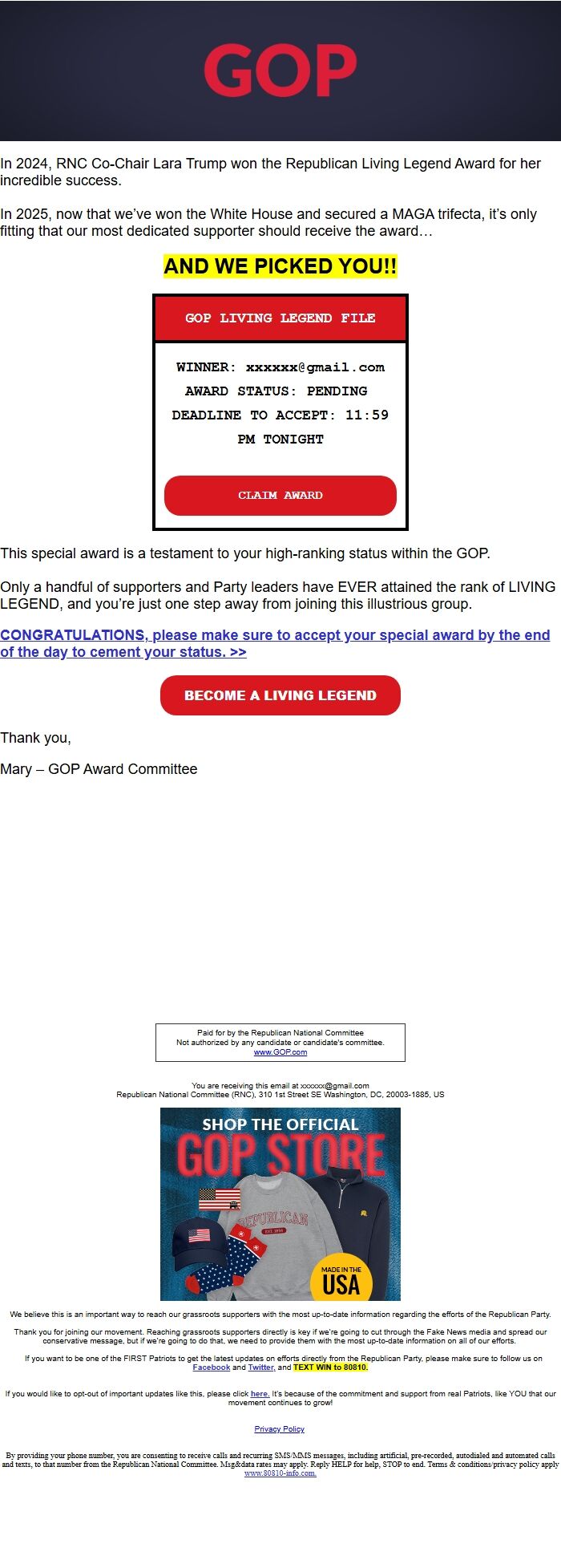 Screenshot of the email generated on import