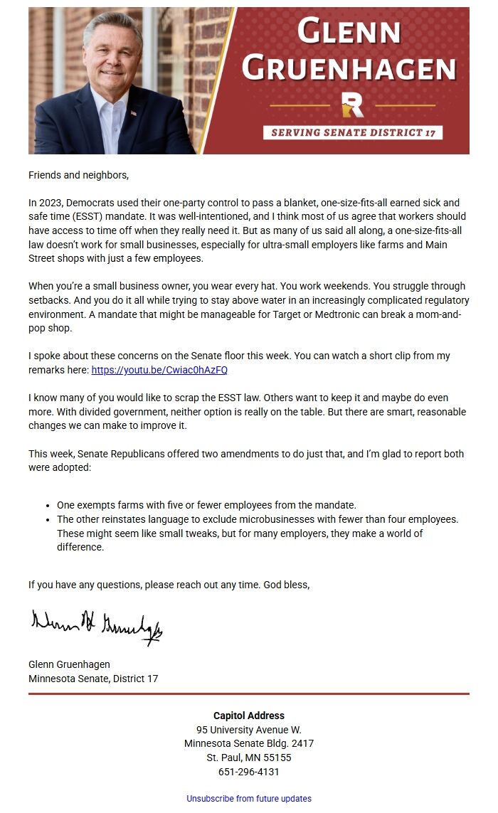 Screenshot of the email generated on import