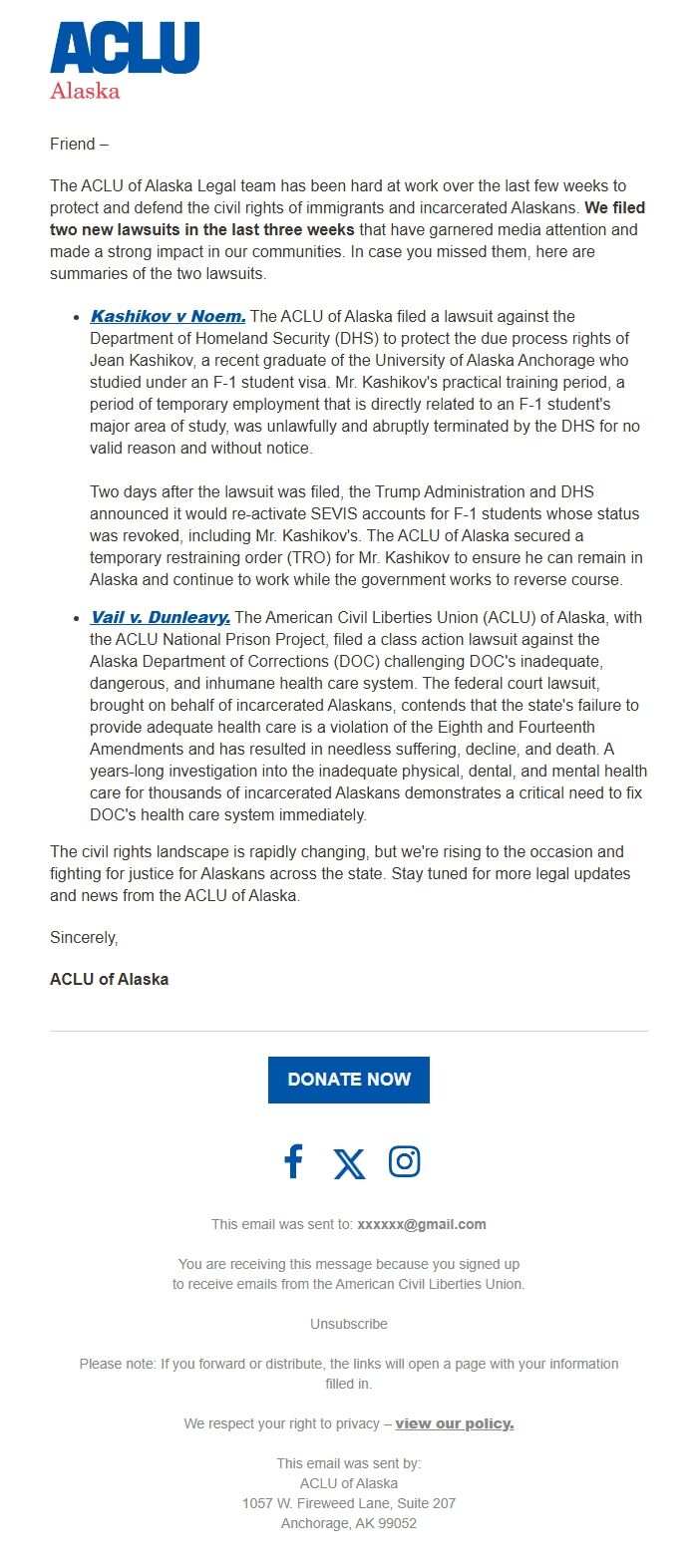 Screenshot of the email generated on import