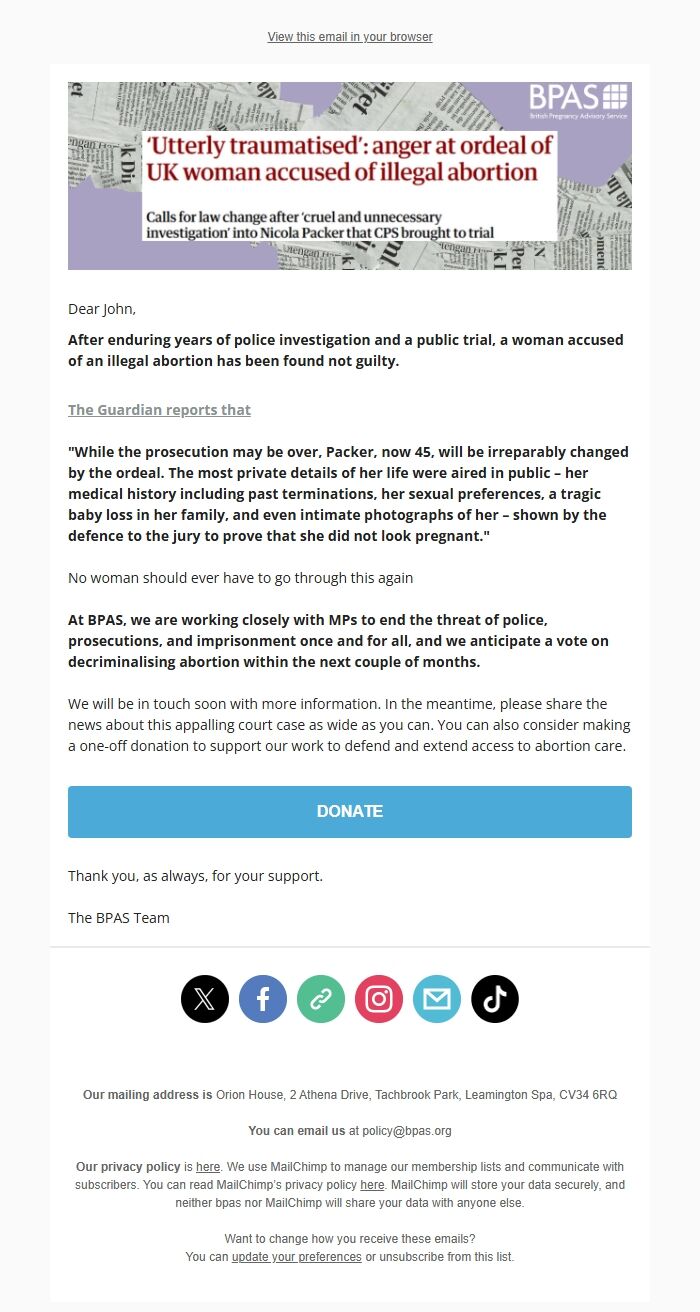 Screenshot of the email generated on import