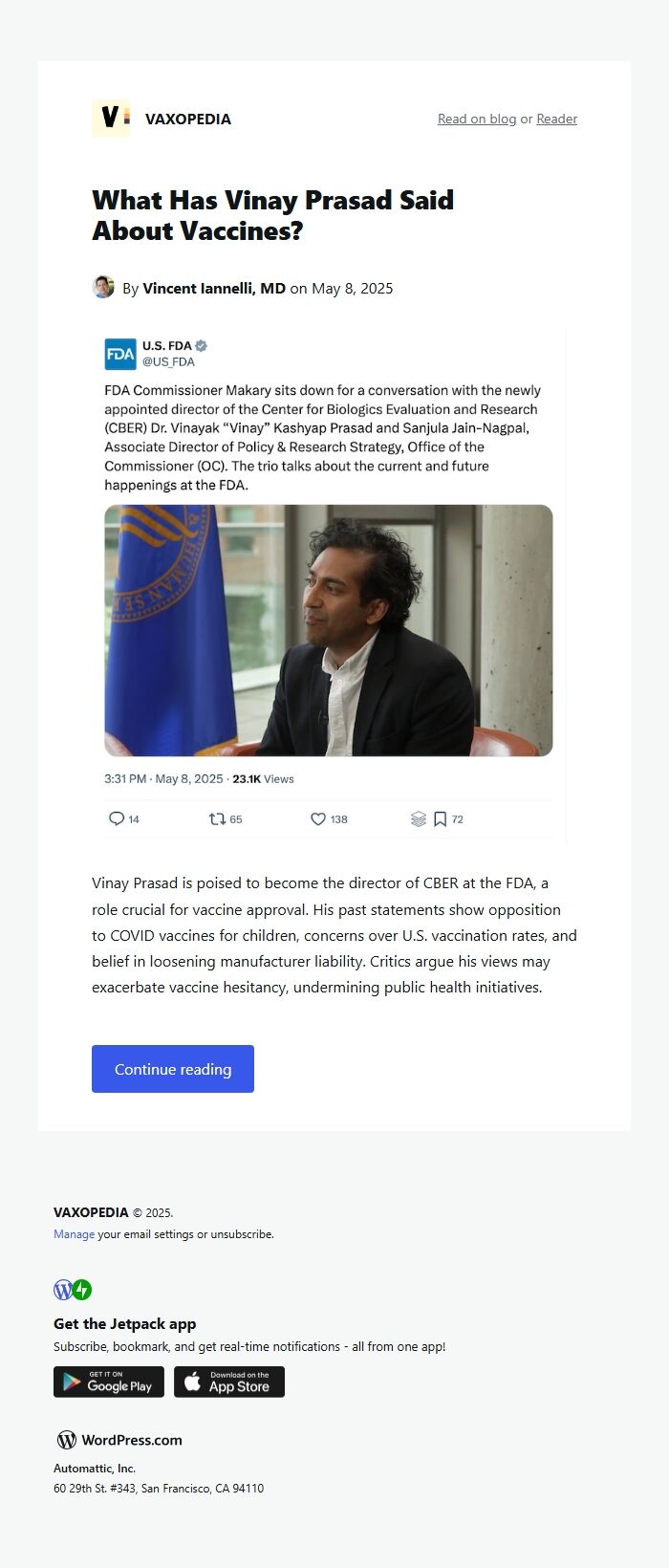 Screenshot of the email generated on import