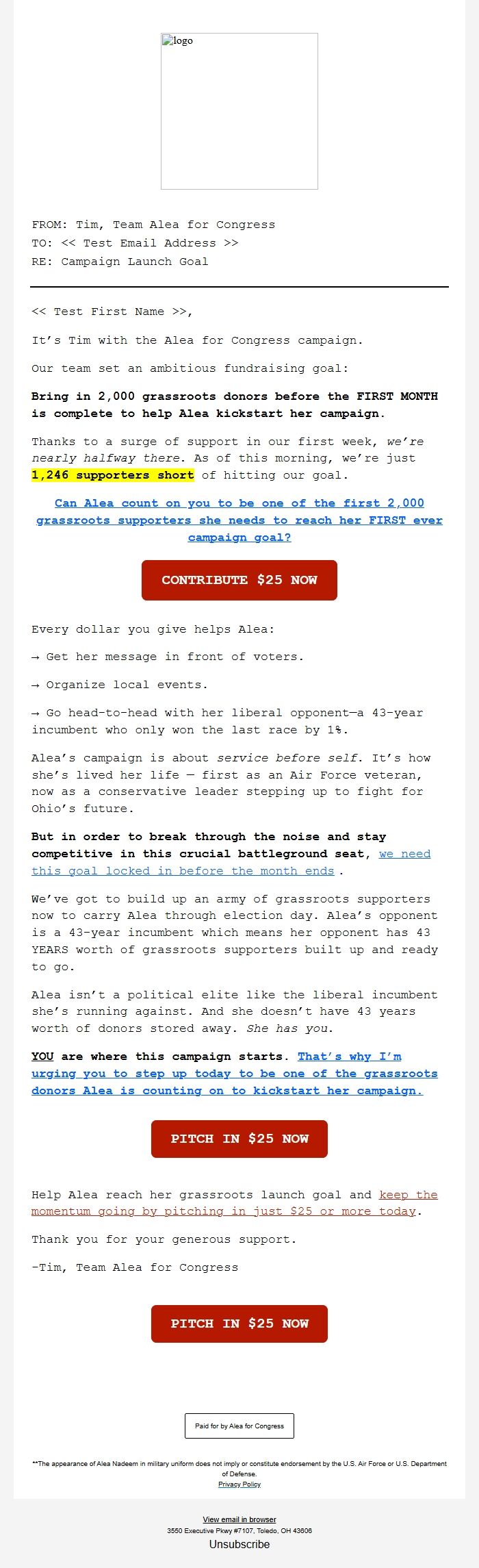 Screenshot of the email generated on import