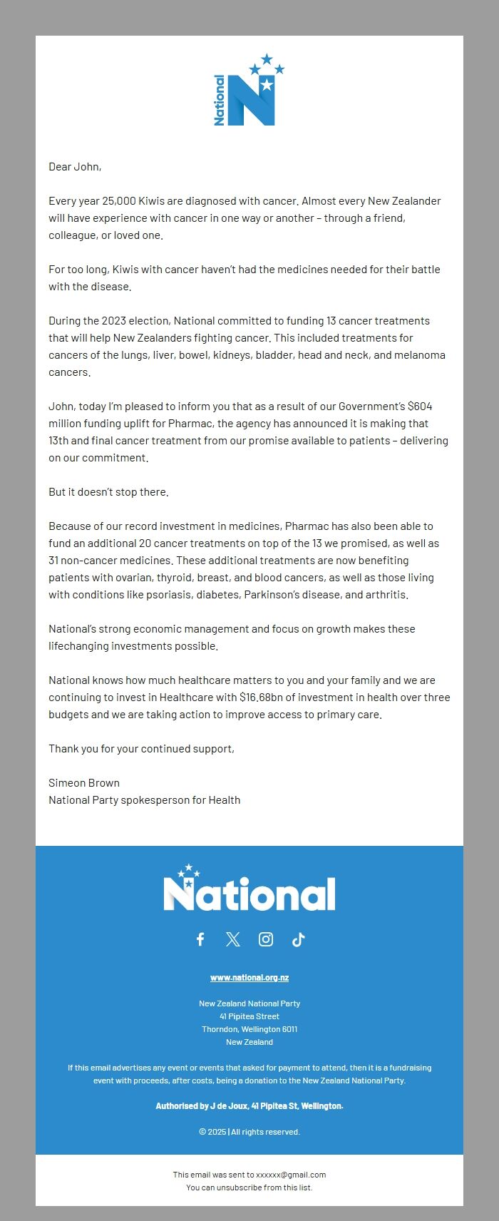Screenshot of the email generated on import