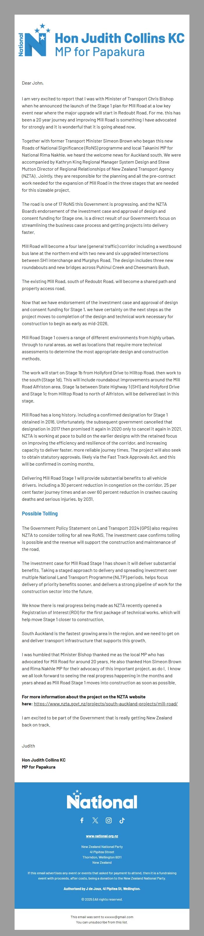 Screenshot of the email generated on import