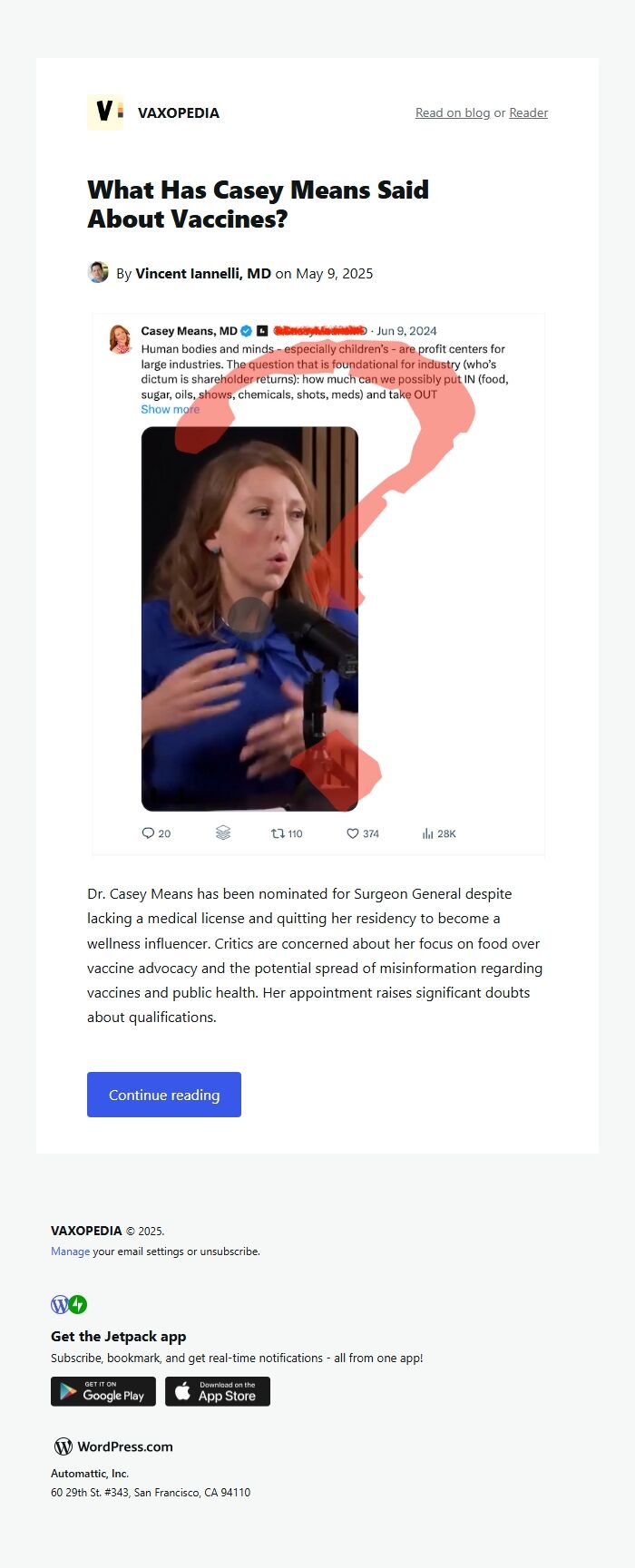 Screenshot of the email generated on import