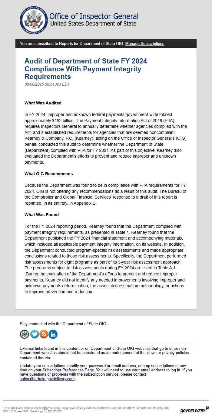 Screenshot of the email generated on import