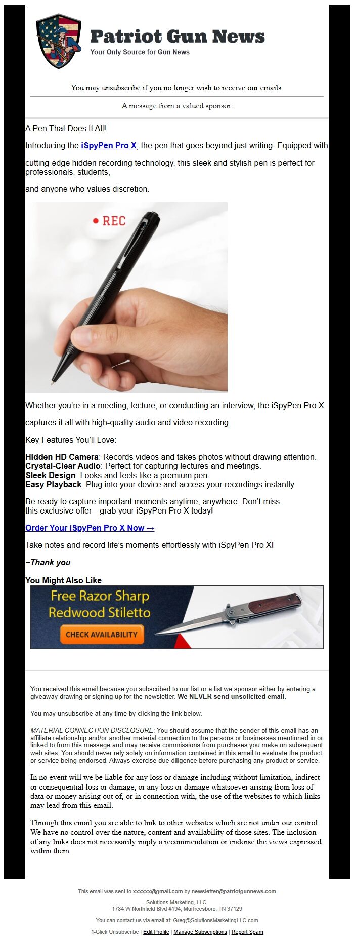 Screenshot of the email generated on import