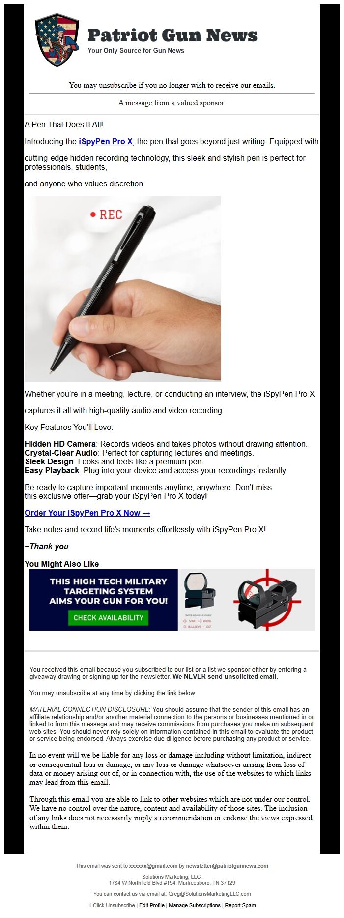 Screenshot of the email generated on import