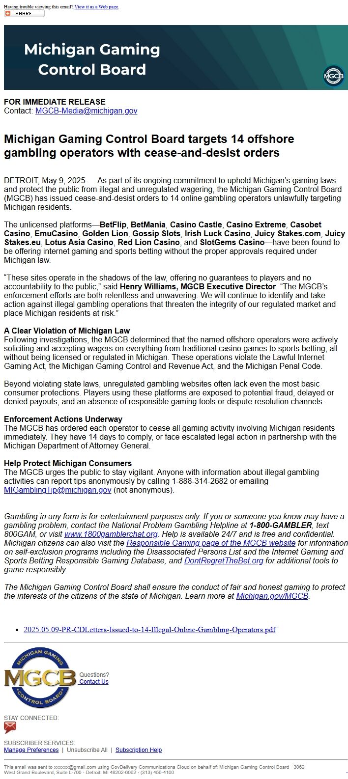 Screenshot of the email generated on import