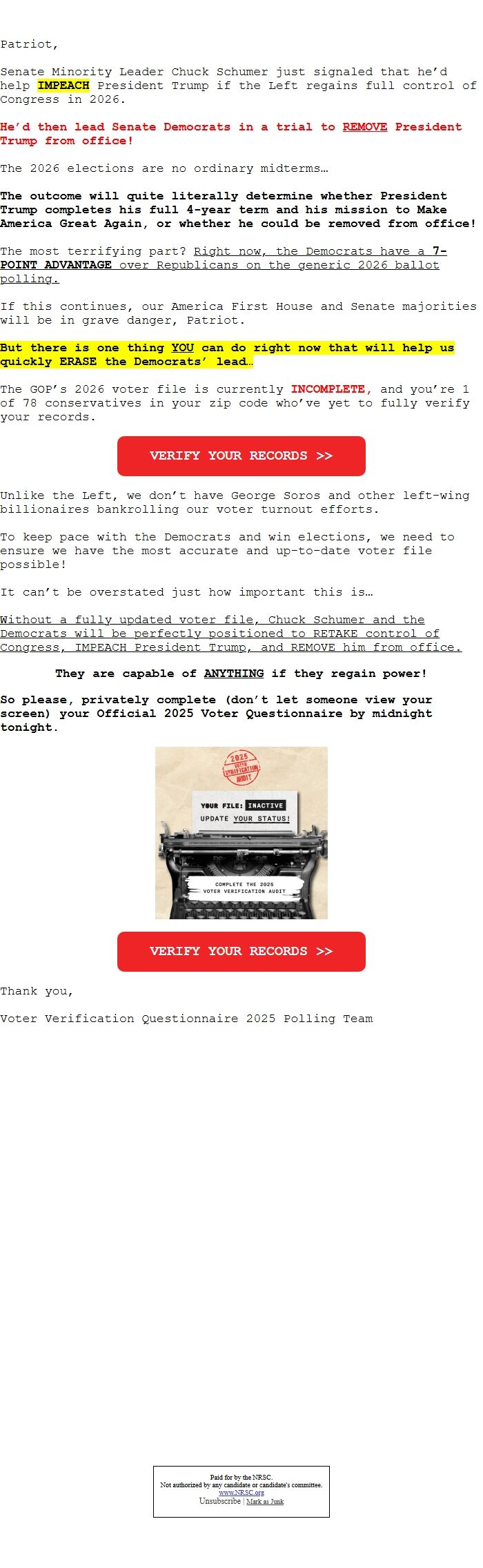 Screenshot of the email generated on import