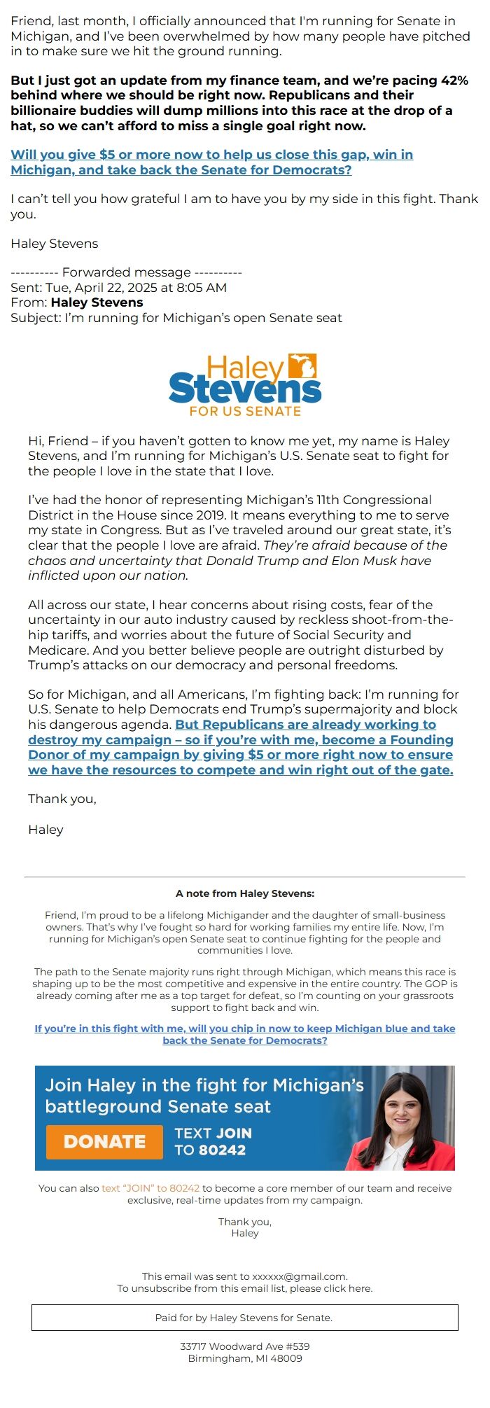 Screenshot of the email generated on import