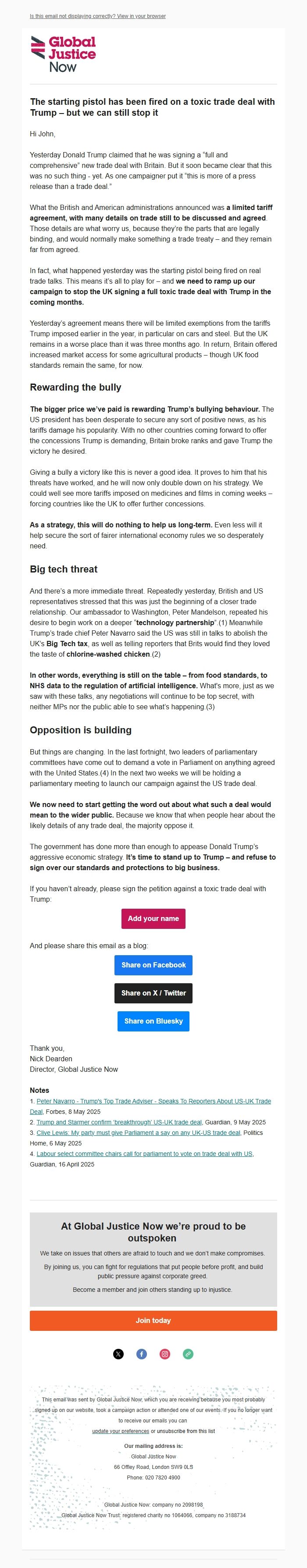 Screenshot of the email generated on import