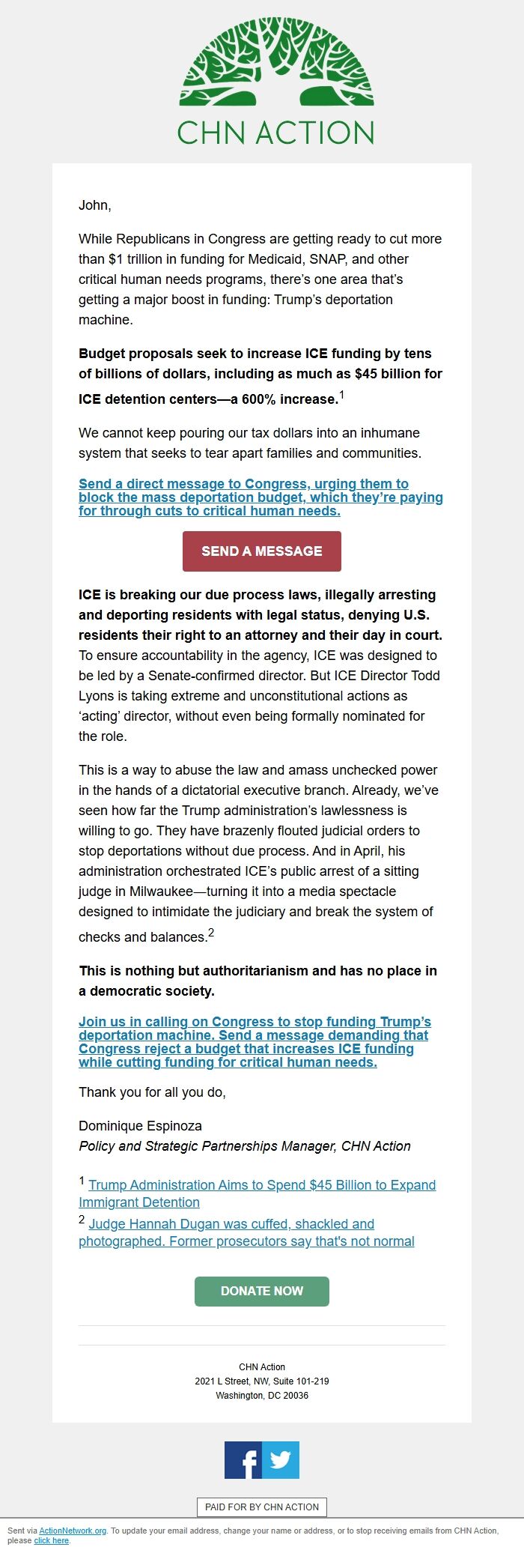 Screenshot of the email generated on import