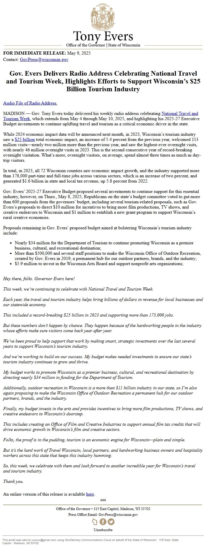 Screenshot of the email generated on import