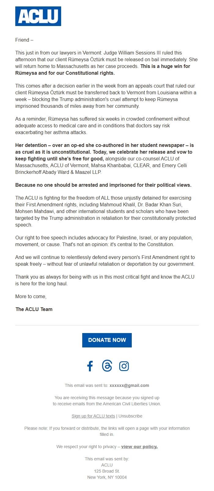 Screenshot of the email generated on import