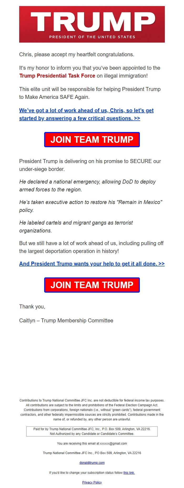 Screenshot of the email generated on import