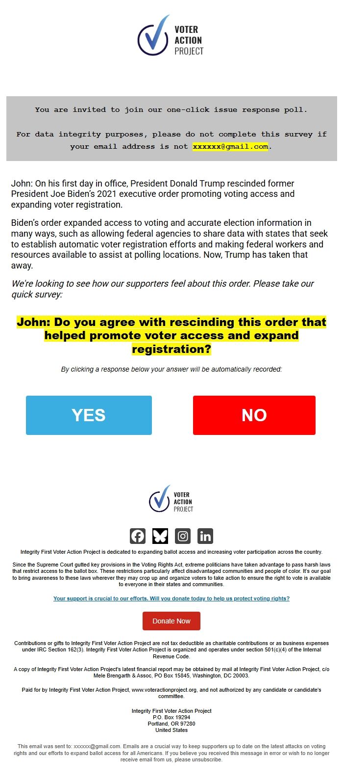 Screenshot of the email generated on import