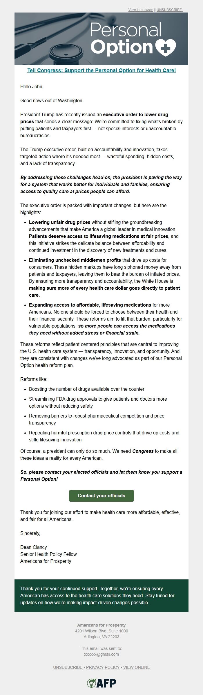 Screenshot of the email generated on import