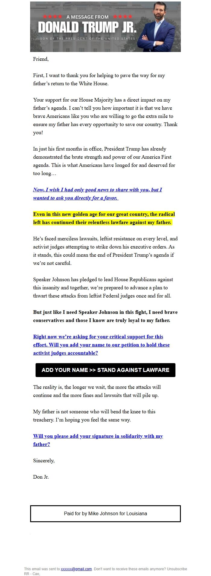 Screenshot of the email generated on import