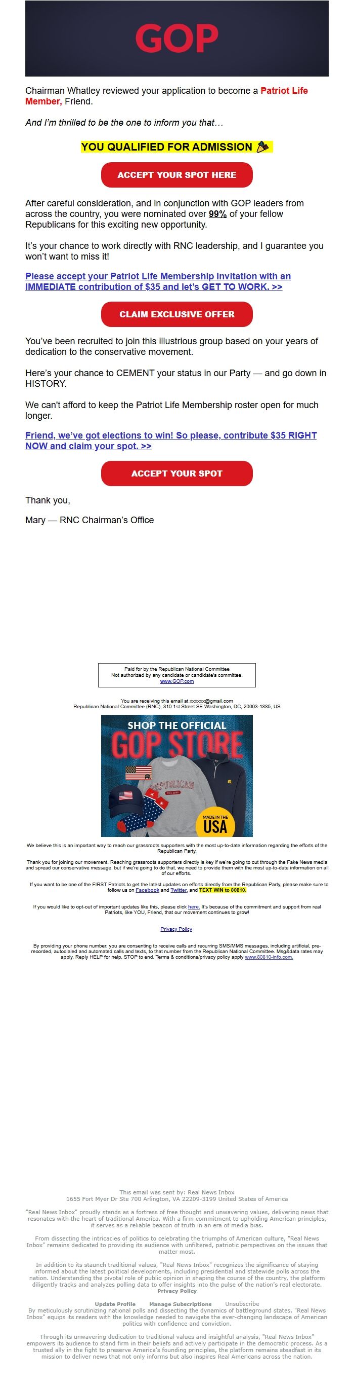 Screenshot of the email generated on import