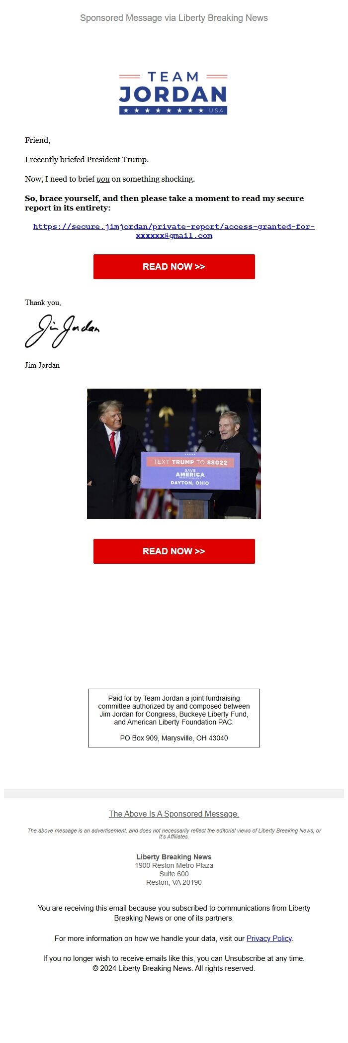 Screenshot of the email generated on import