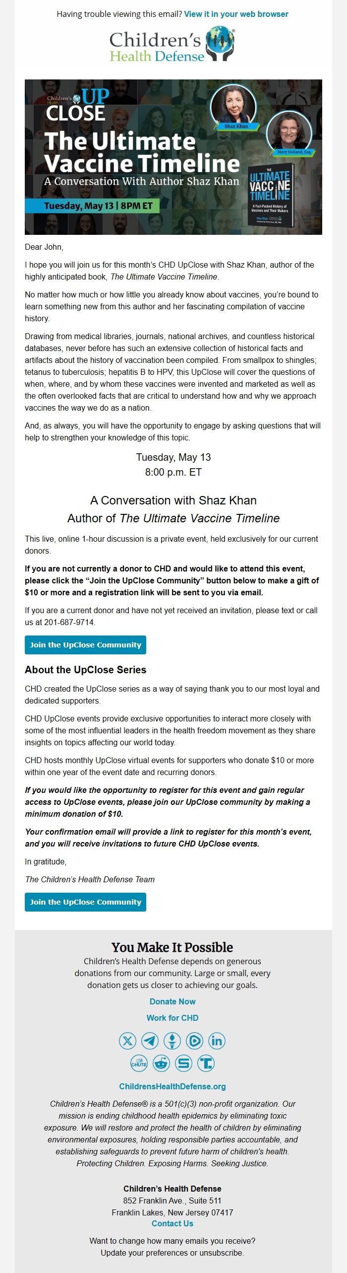Screenshot of the email generated on import