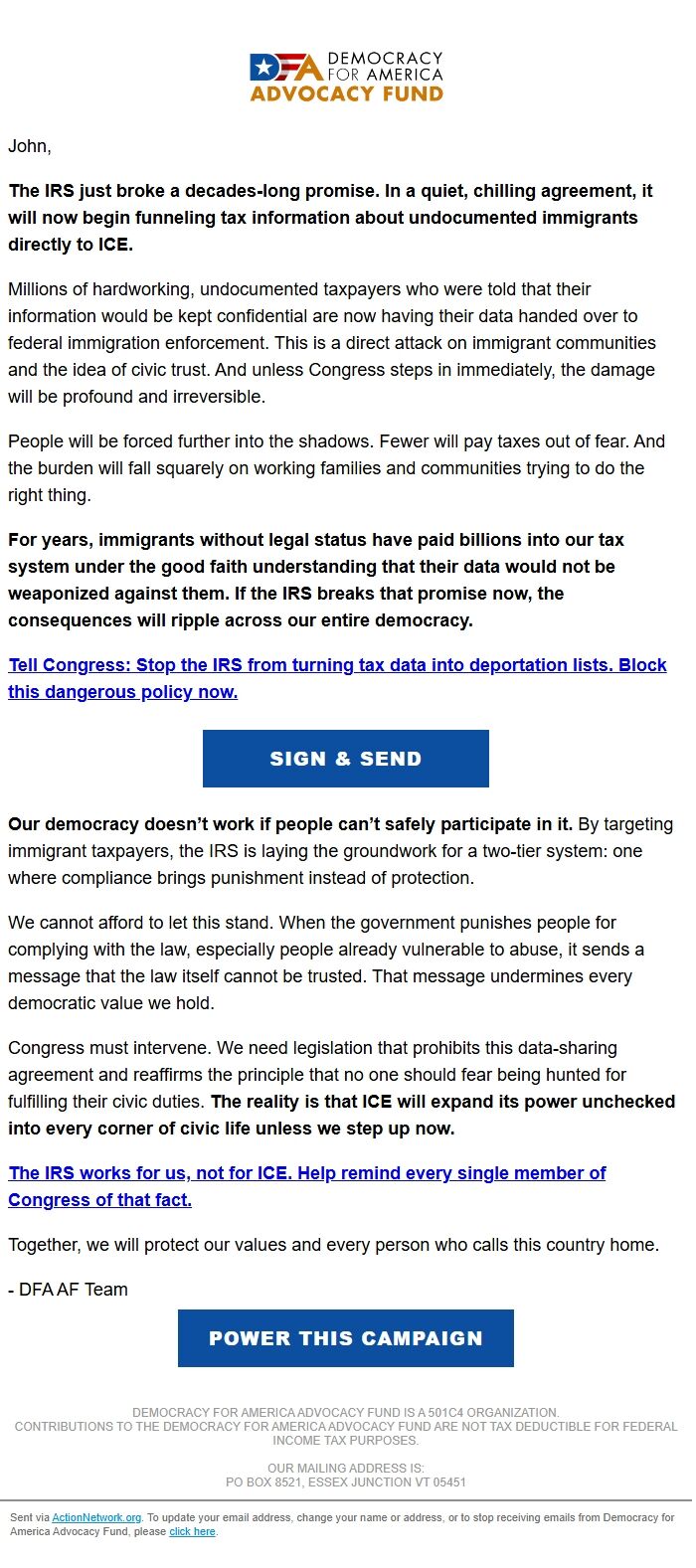 Screenshot of the email generated on import