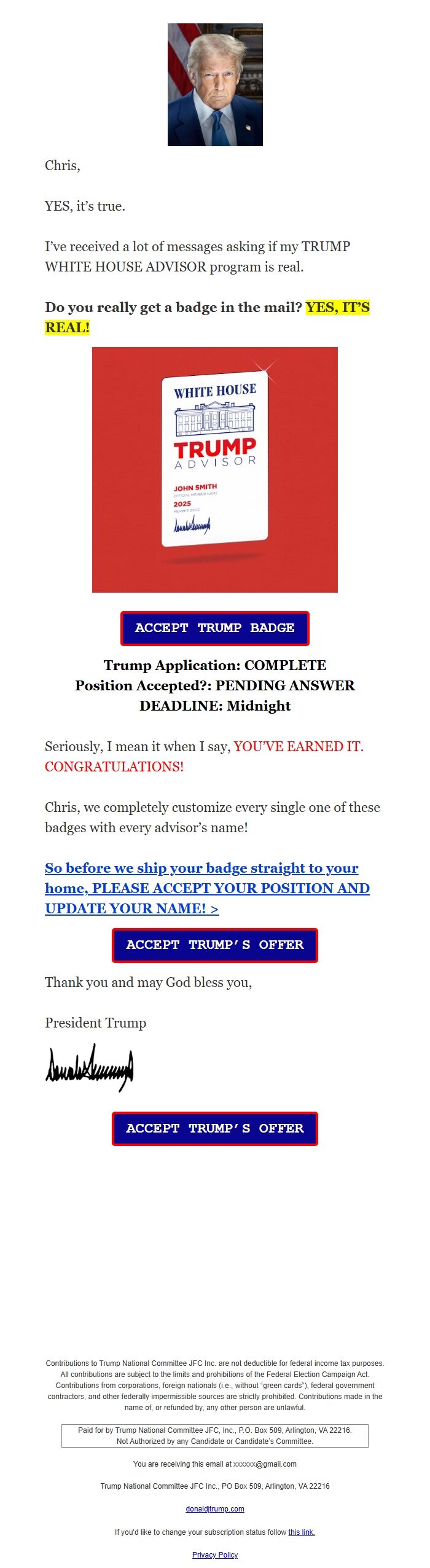 Screenshot of the email generated on import