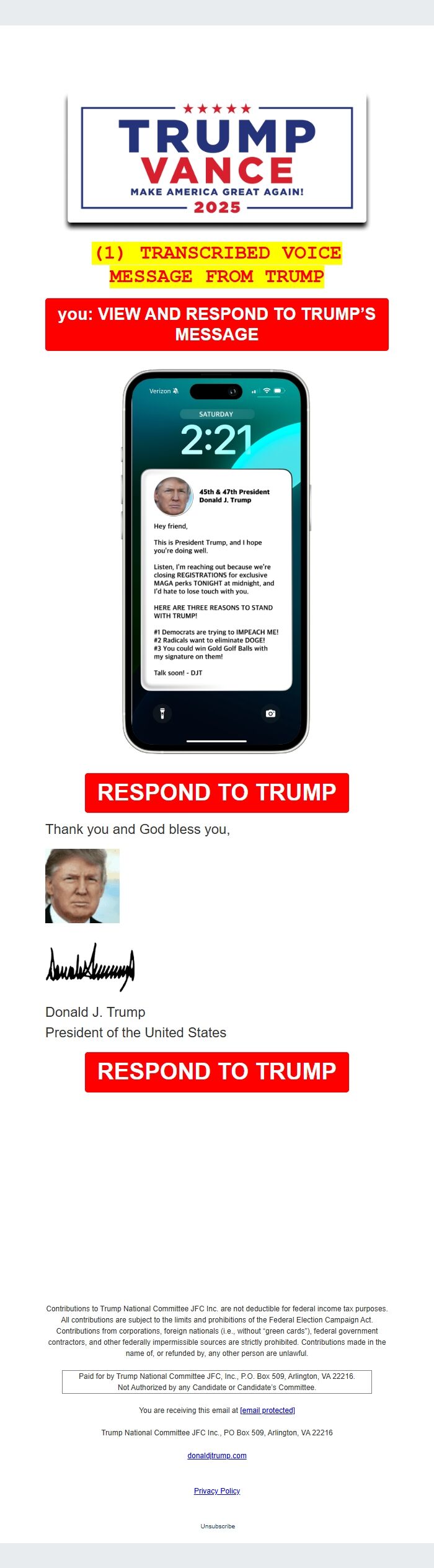 Screenshot of the email generated on import