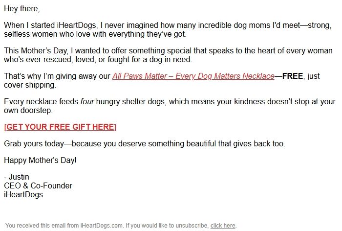 Screenshot of the email generated on import