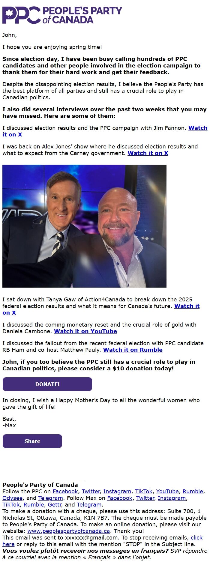Screenshot of the email generated on import