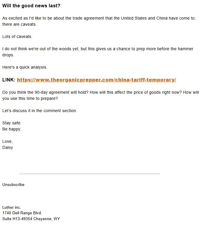 Screenshot of the email generated on import