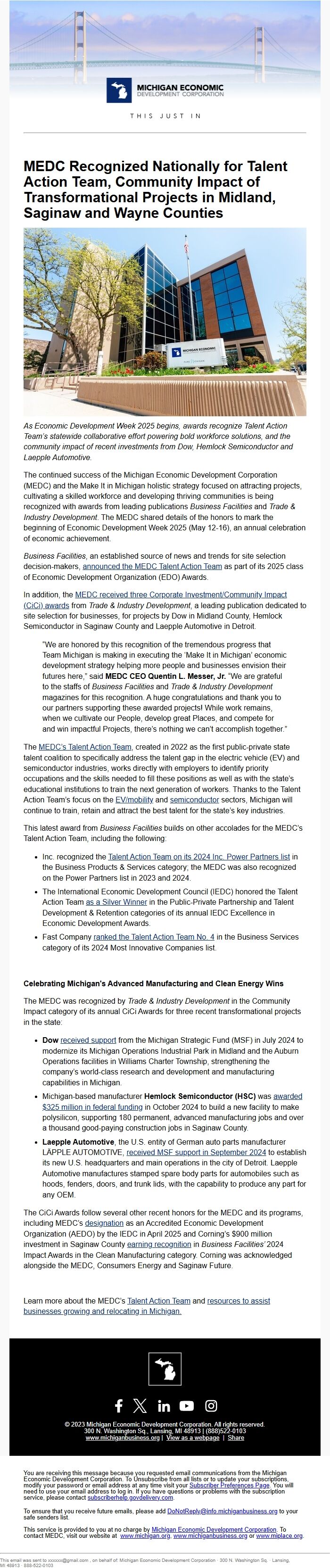 Screenshot of the email generated on import