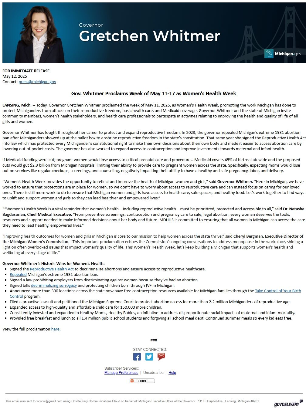 Screenshot of the email generated on import