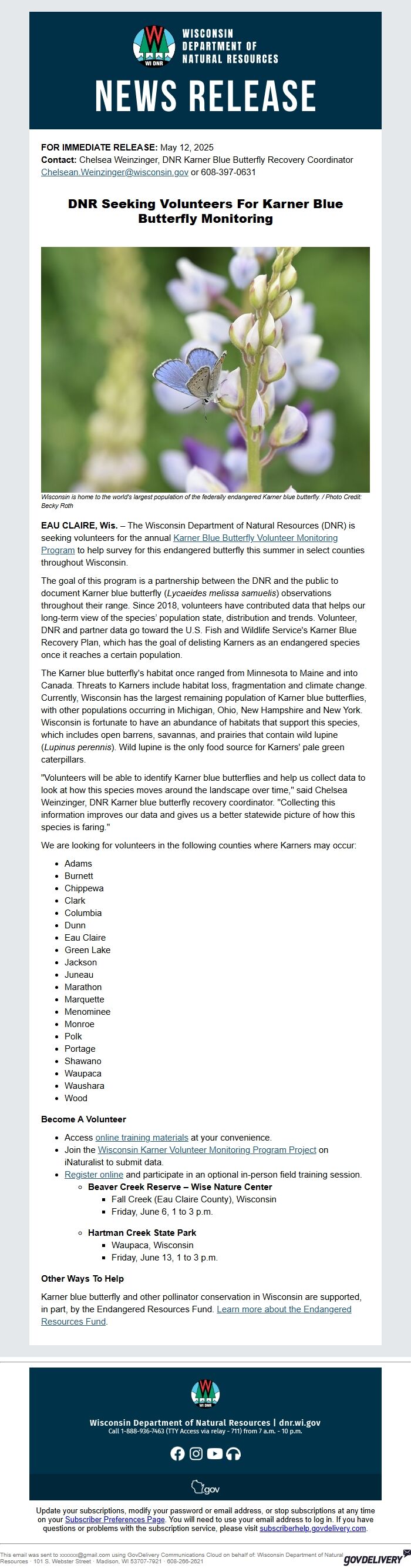 Screenshot of the email generated on import