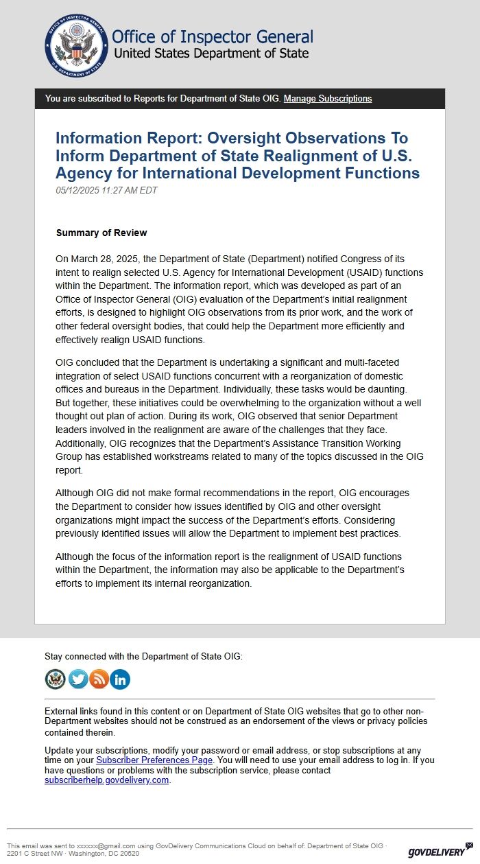 Screenshot of the email generated on import