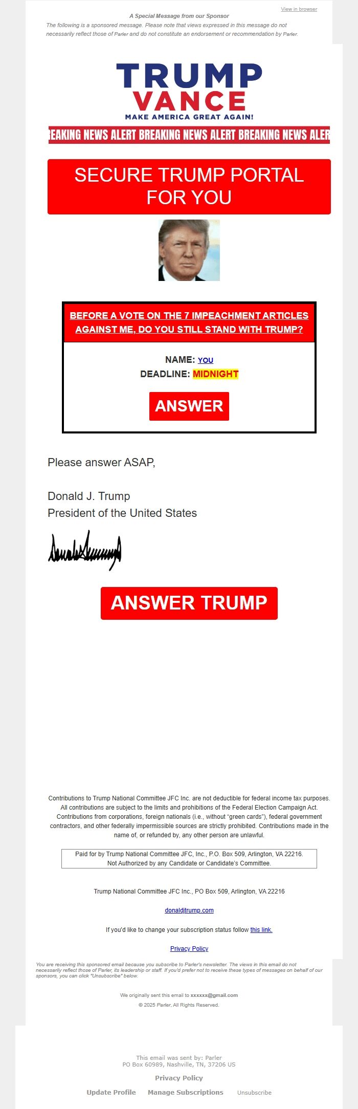 Screenshot of the email generated on import