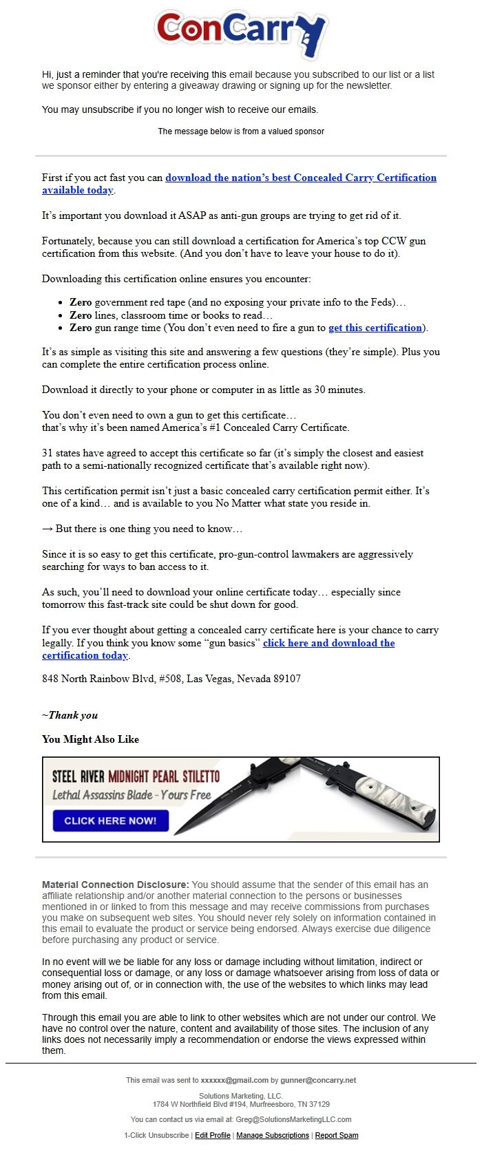 Screenshot of the email generated on import