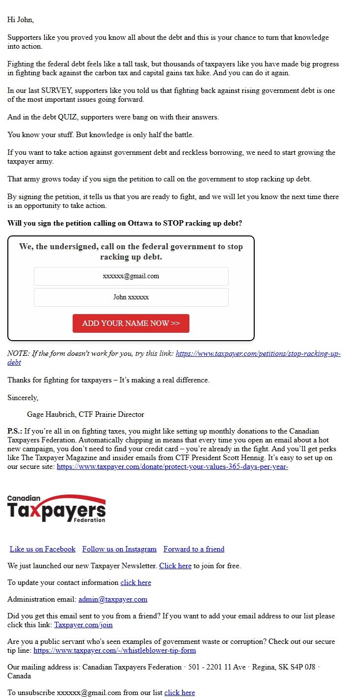 Screenshot of the email generated on import